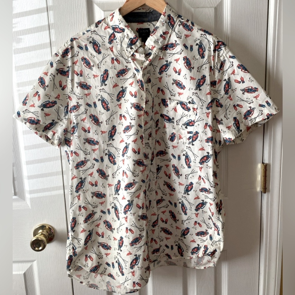 J. CREW Factory Off White Golfing Vintage Printed Novelty Button Up Shirt SZ L